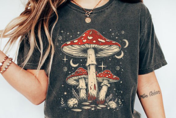 Dark gray unisex T-shirt with large red mushroom graphic, close-up