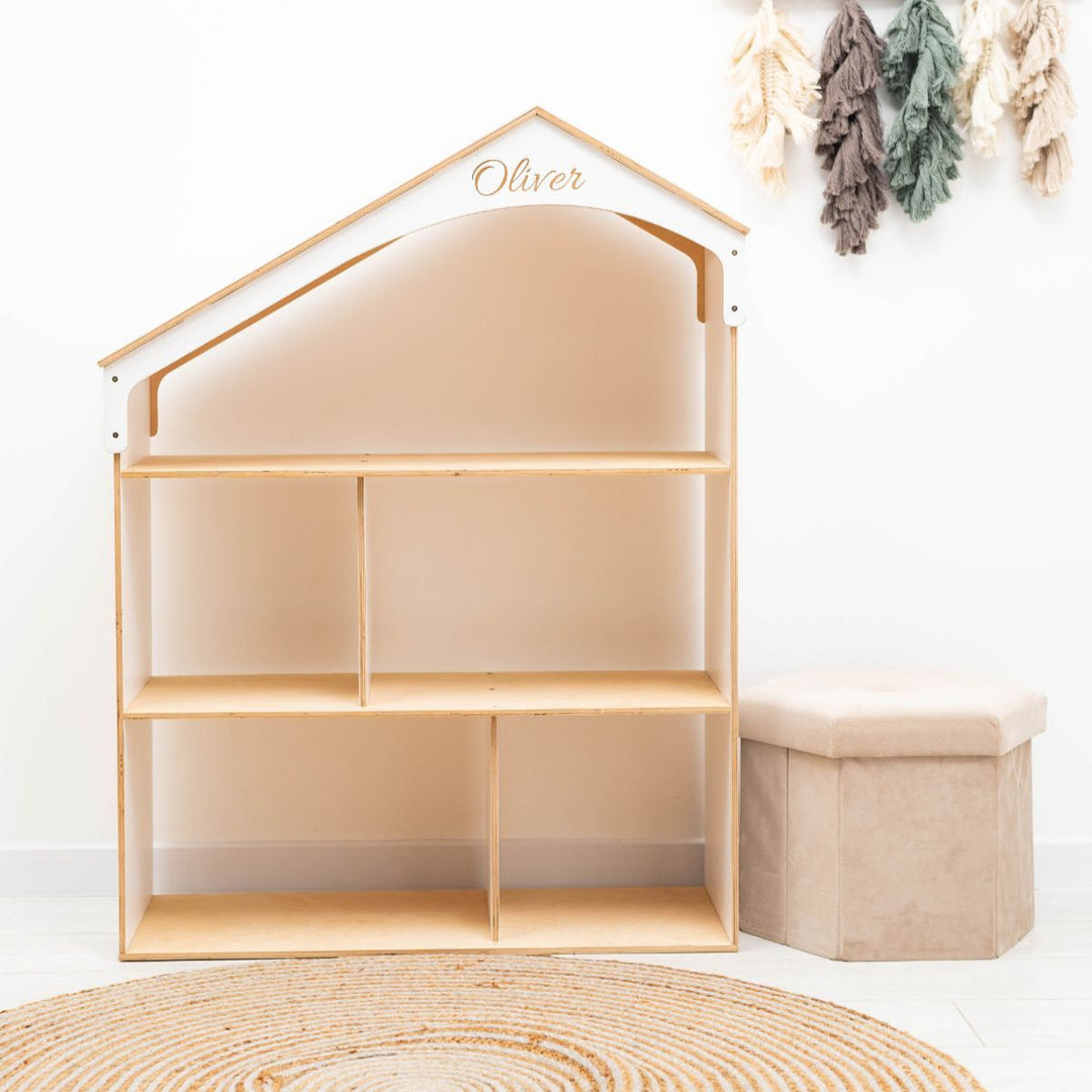 Wood dollhouse bookcase with arched top and 3 shelves, personalized "Oliver"
