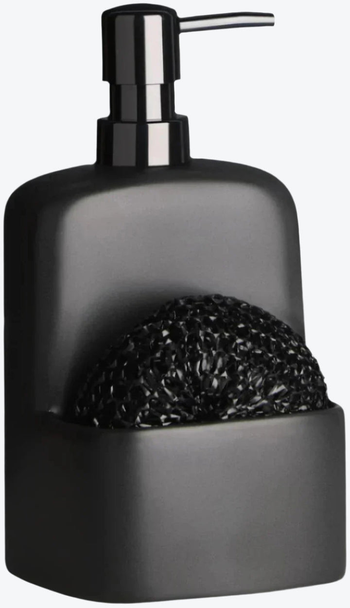 Matte black liquid soap dispenser with sponge holder and dark scrub pad