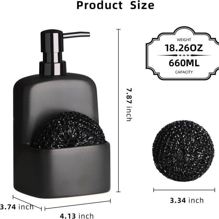 Matte black ceramic soap dispenser with sponge holder and bundled scrub pad