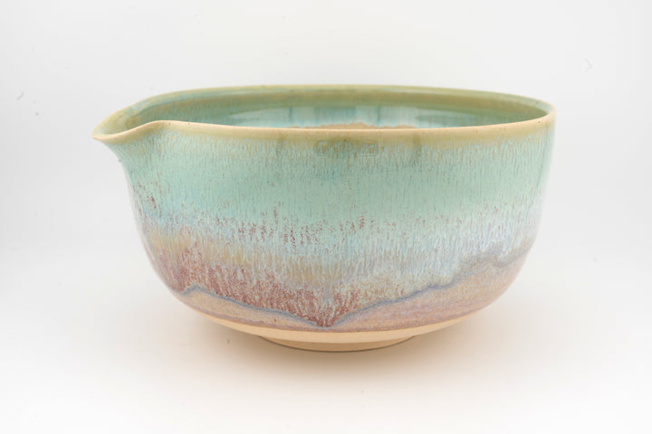 Ceramic bowl with optional spout, turquoise glaze with speckled orange base