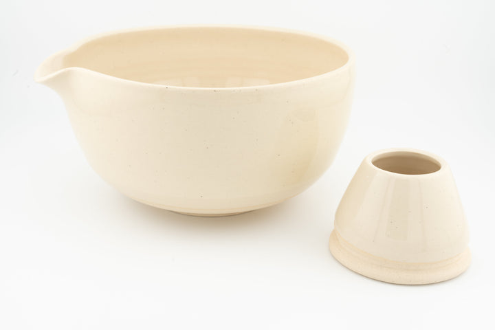 Ceramic matcha bowl with matching whisk holder, matte cream glaze set