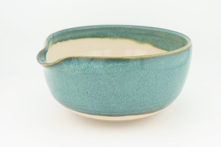 Ceramic bowl with optional spout, teal glaze with speckled texture, side spout
