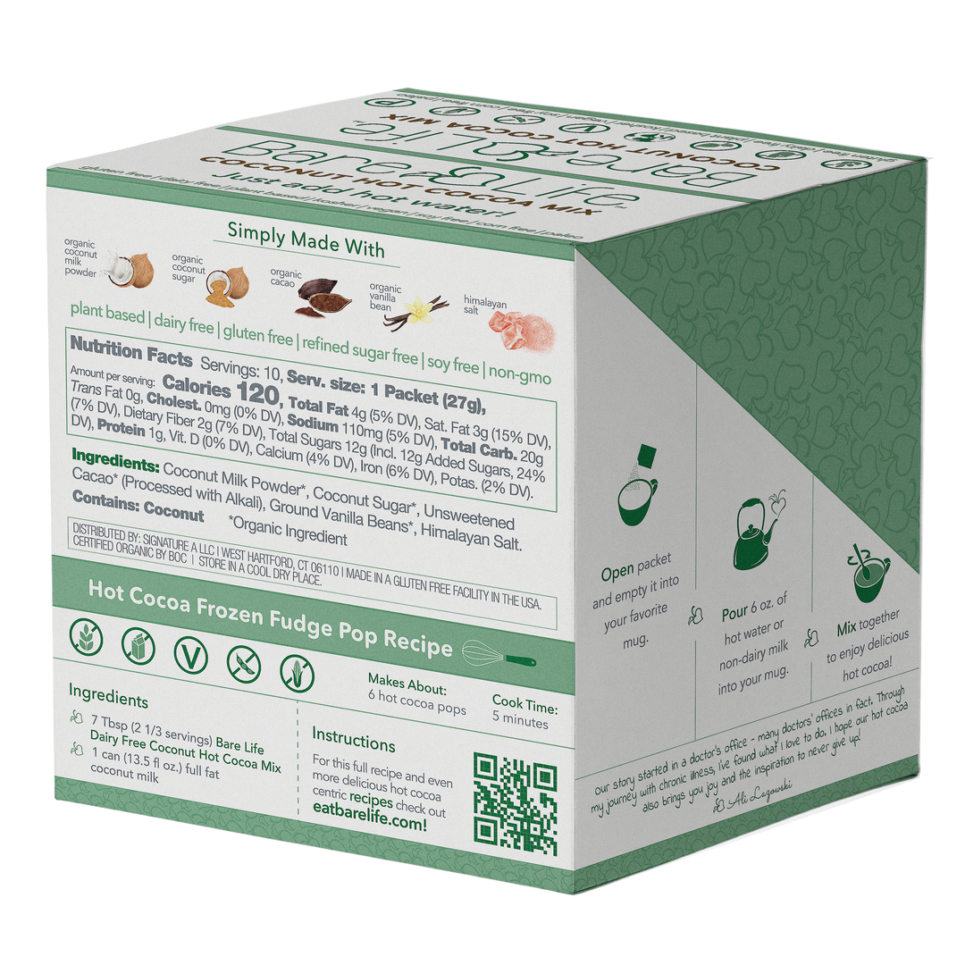 Instant Dairy Free Coconut Hot Cocoa Mix  | Single Serving 10 Pack |Gluten Free, Vegan and Organic