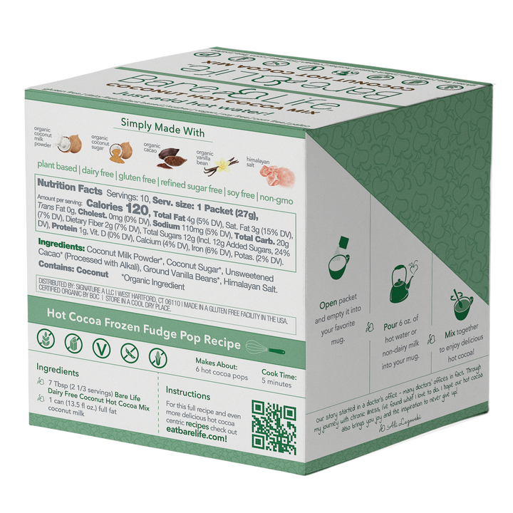Instant Dairy Free Coconut Hot Cocoa Mix  | Single Serving 10 Pack |Gluten Free, Vegan and Organic
