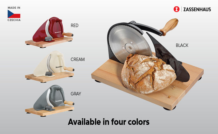 Adjustable bread slicer in multiple colors: red, cream, gray, and black on wood base