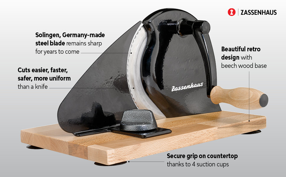 Black adjustable bread slicer with stainless blade, wooden base, and wood handle