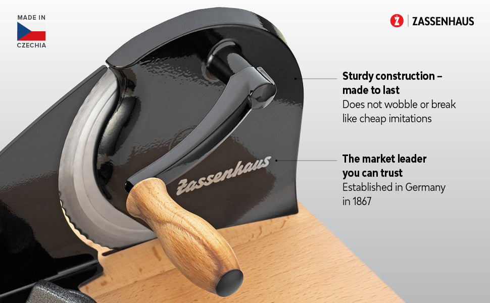 Black adjustable bread slicer close-up with stainless blade, wood handle, wooden base