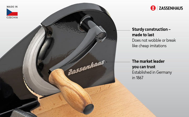 Black adjustable bread slicer close-up with stainless blade, wood handle, wooden base
