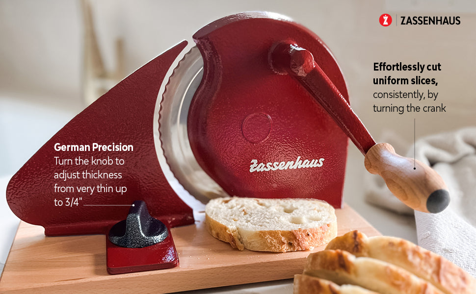 Red adjustable bread slicer with stainless blade and wooden base, retro safety knob