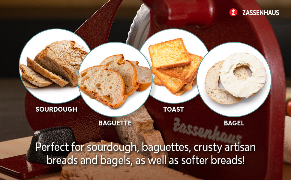 Red bread slicer with stainless blade shown with sliced bread pieces
