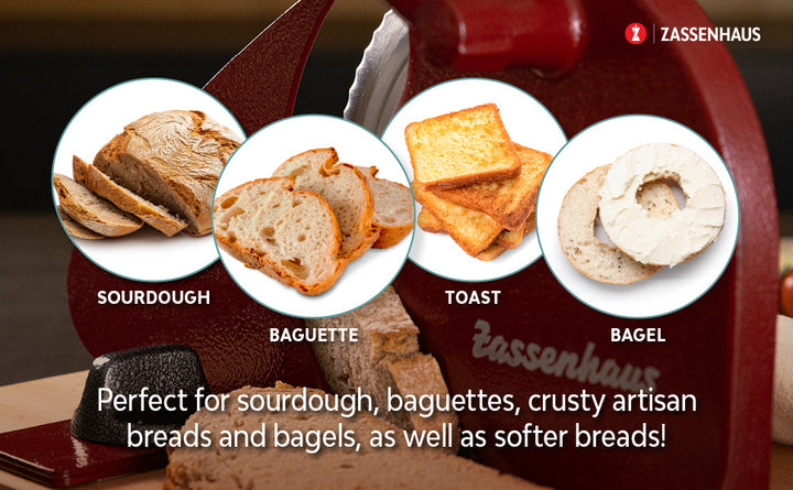 Red bread slicer with stainless blade shown with sliced bread pieces