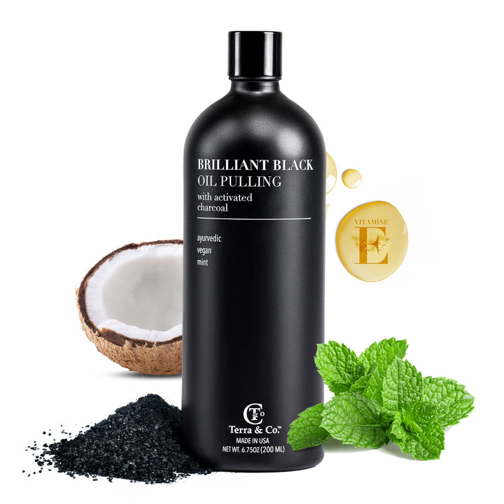 Brilliant Black oil pulling charcoal mouthwash bottle with mint details