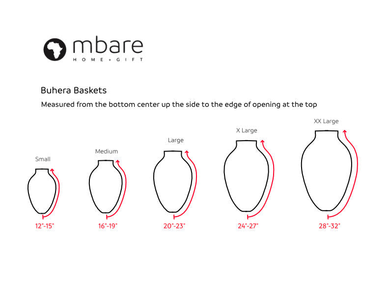 Buhera baskets size chart: Small to XXLarge with height measurements in red