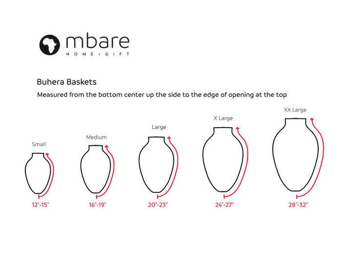 Buhera baskets size chart: Small to XXLarge with height measurements in red