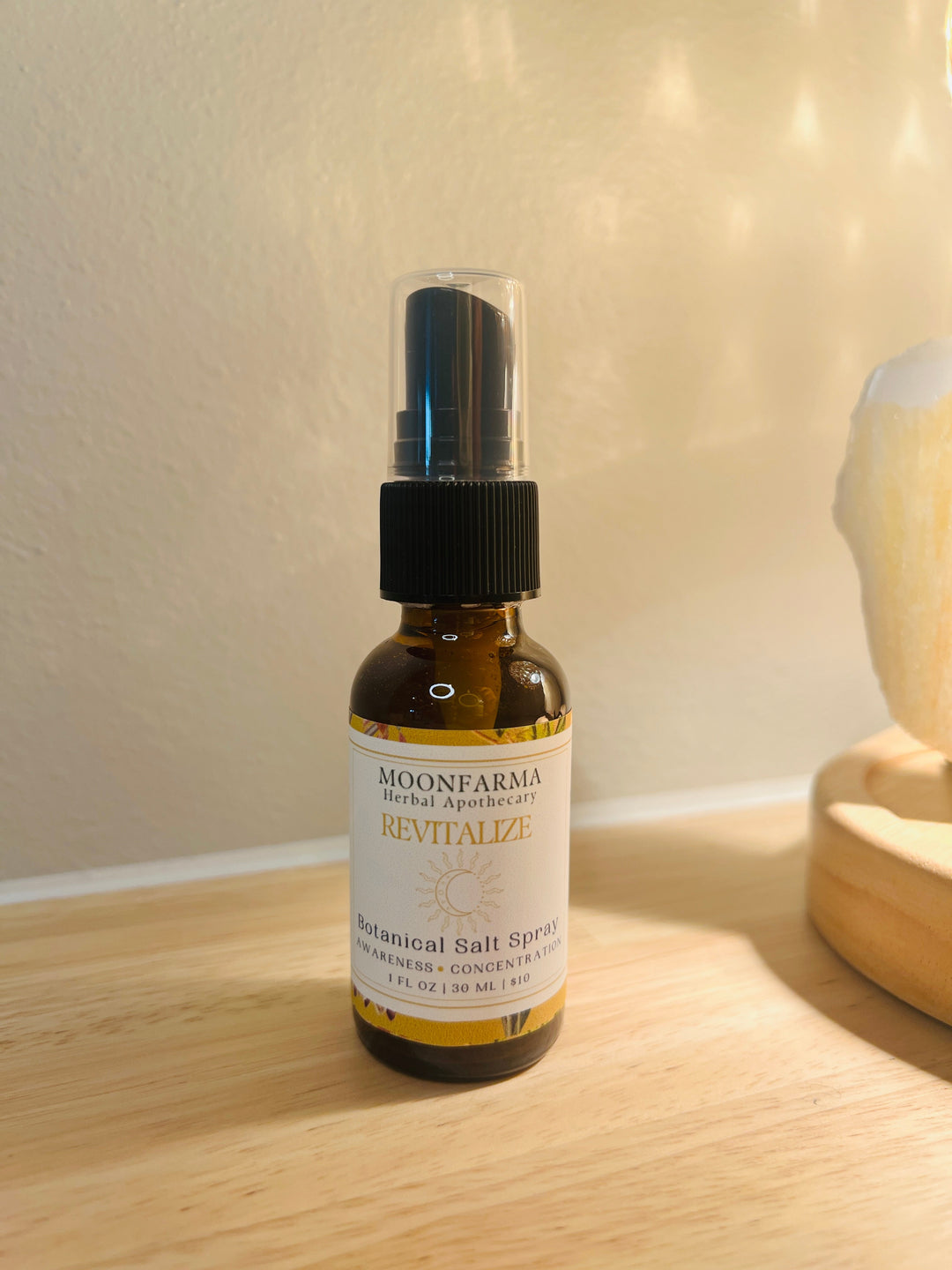 Moonfarma Revitalize herbal salt spray bottle with black mist sprayer pump