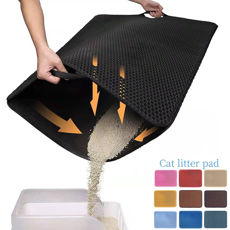 Double-layer cat litter pad with black honeycomb top and foldable design, shown under litter