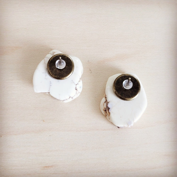 White marble-look slab earring studs with gold-tone stud backs