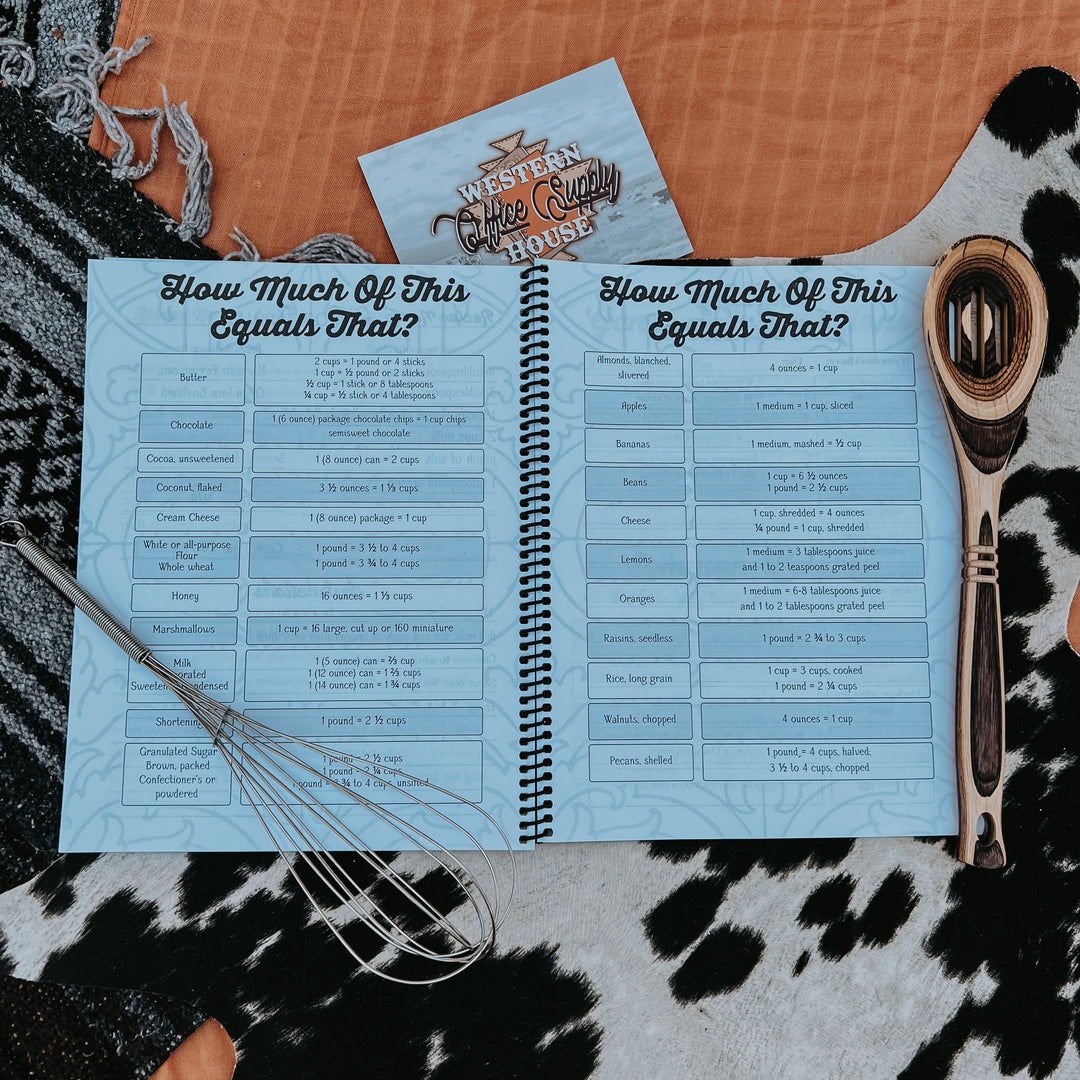 Recipe book open to two pages with chart-style recipe quantities and times