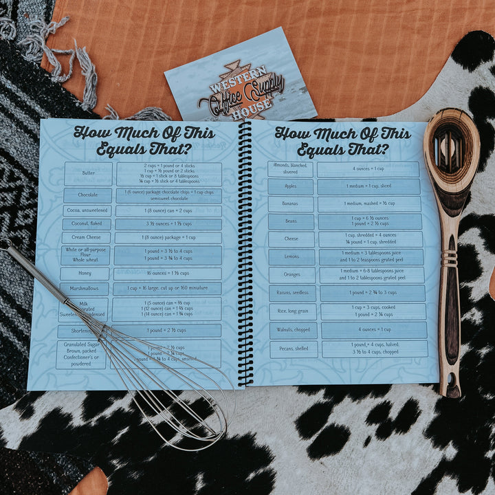 Recipe book open to two pages with chart-style recipe quantities and times