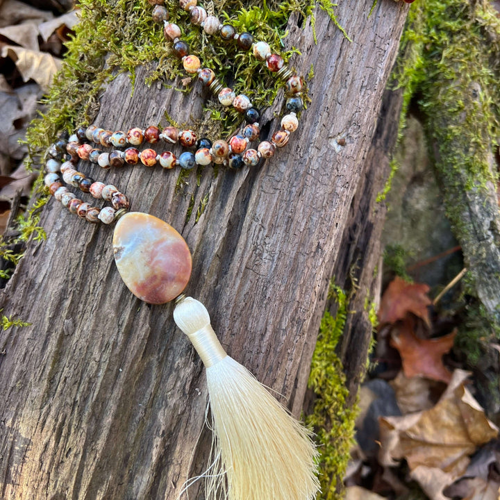 Rooted Strength Meditation Mala – 108 Beads of Ancient Agate & Amazonite