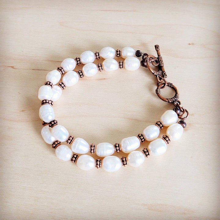 Freshwater pearl and copper beaded double-strand bracelet with copper clasp and pearl bead strands