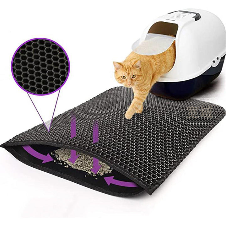 Double-layer EVA pet cat litter pad, black honeycomb-texture mat with raised edges