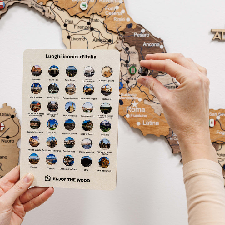 Hands holding Italy landmark pin set card with circular enamel pins