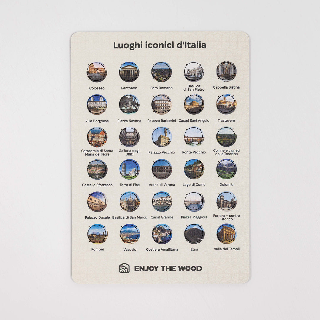 Italy landmark pin set card with a grid of circular enamel pins