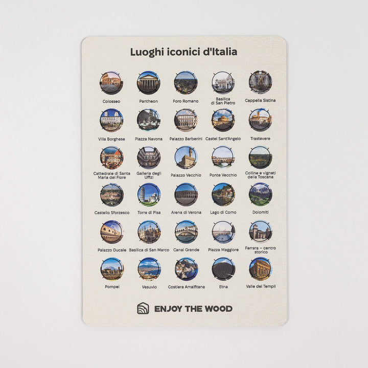 Italy landmark pin set card with a grid of circular enamel pins