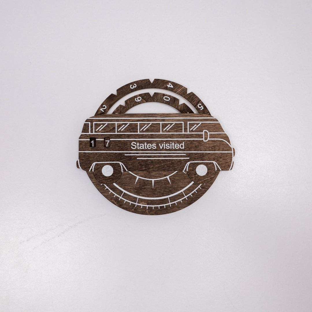 Dark walnut wooden USA map travel tracker with scoreboard-style “States visited” gauge