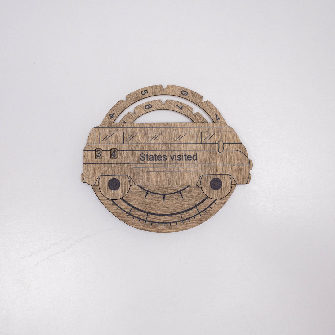 Round wooden states-visited tracker plaque with arched top and States visited bar
