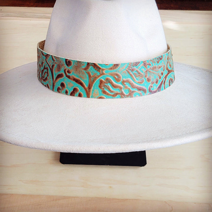 Turquoise leather cowboy hat band with embossed swirl and stripe pattern