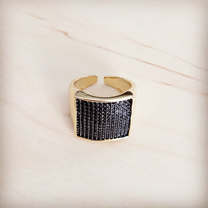 Gold-tone open side square ring with black sparkly front panel