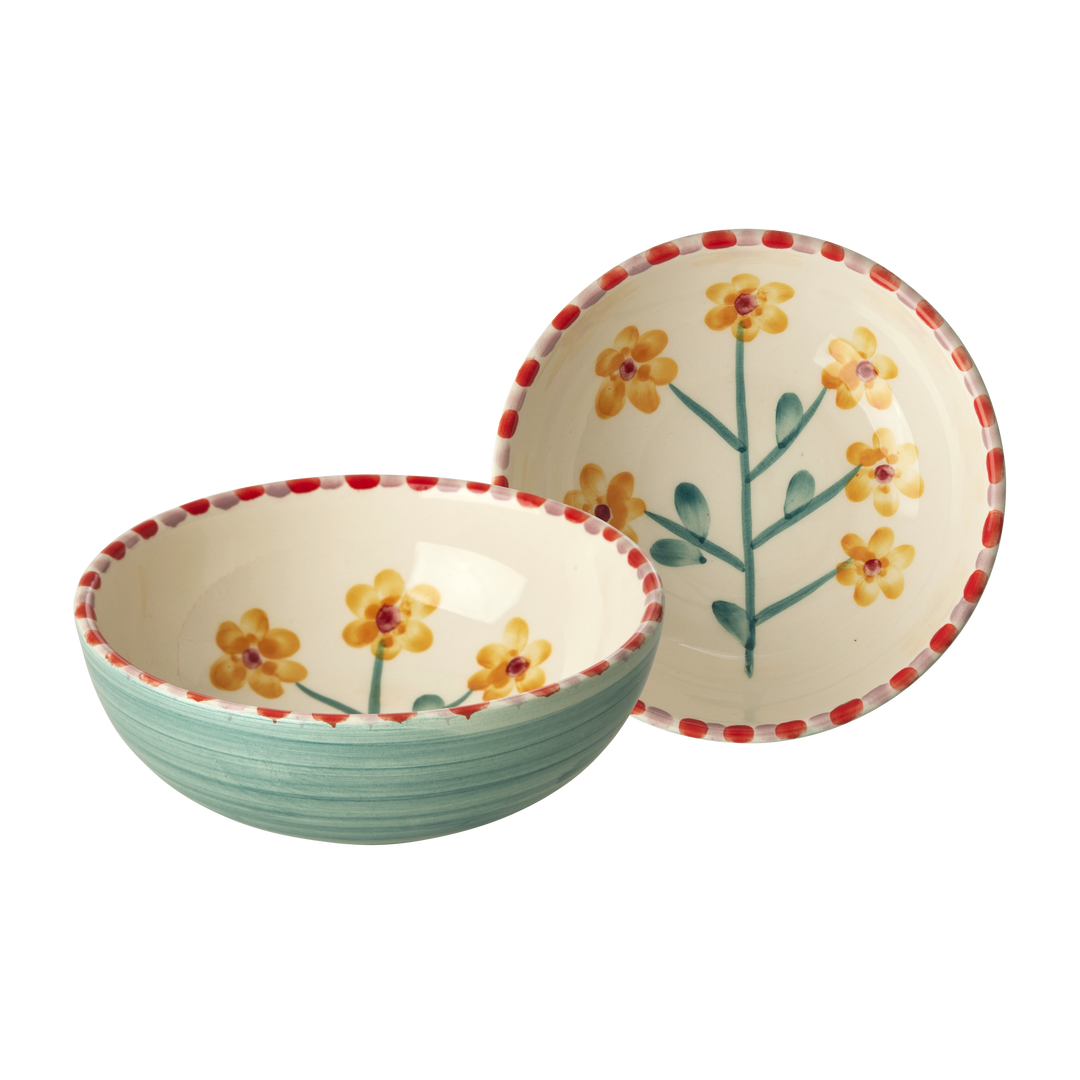 Ceramic Bowl with Hand Painted Jade Yellow Flower - 11.8 oz