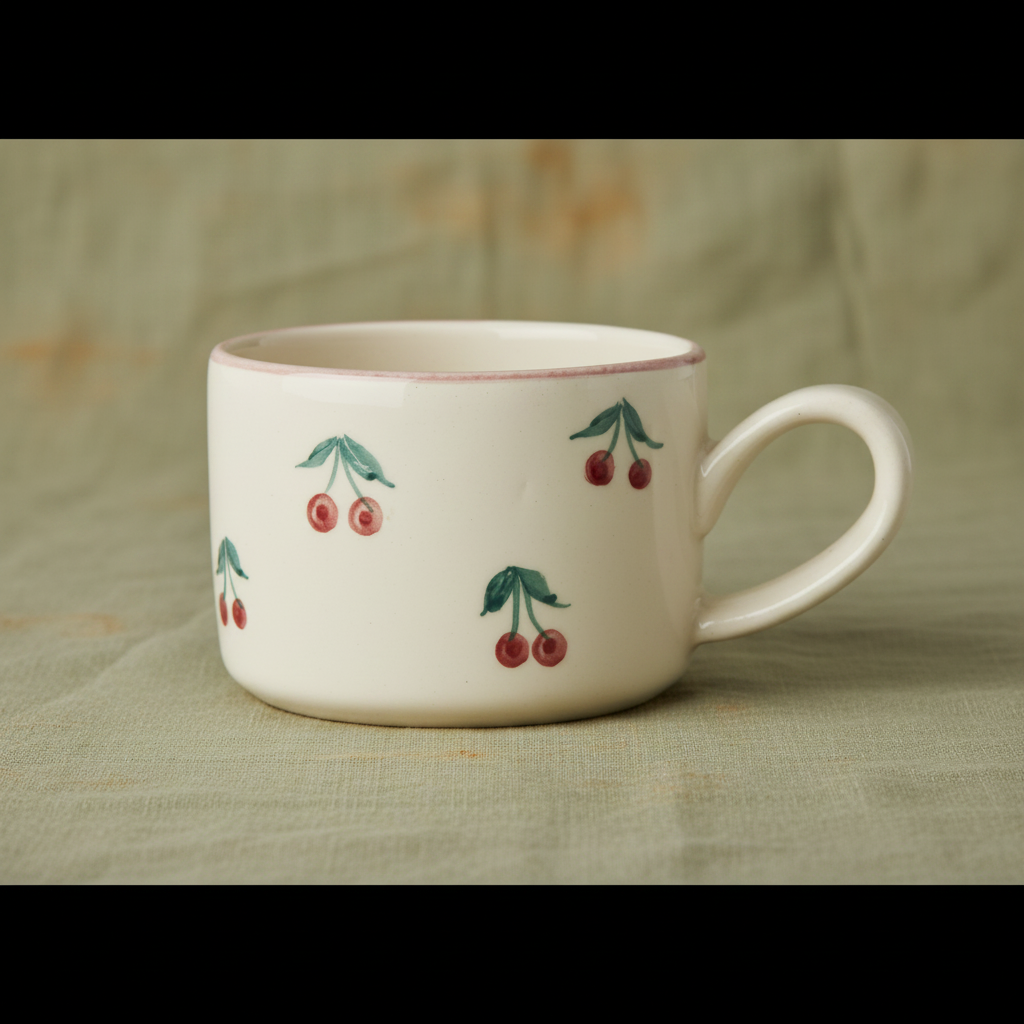 Ceramic Cappuccino Cup with Hand Painted Cherries - 6.7 oz
