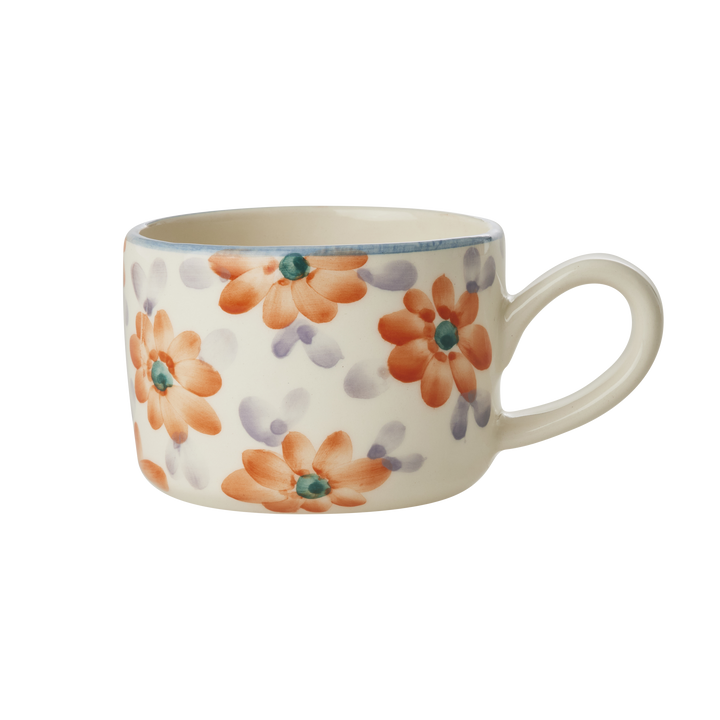 Ceramic cappuccino cups with orange hand-painted flowers, on serving tray
