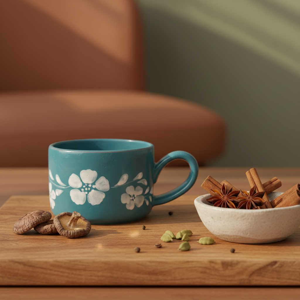 Teal ceramic cappuccino cup with white hand-painted flowers and curved handle