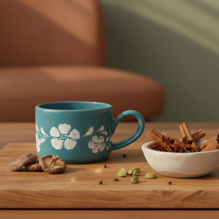 Teal ceramic cappuccino cup with white hand-painted flowers and curved handle