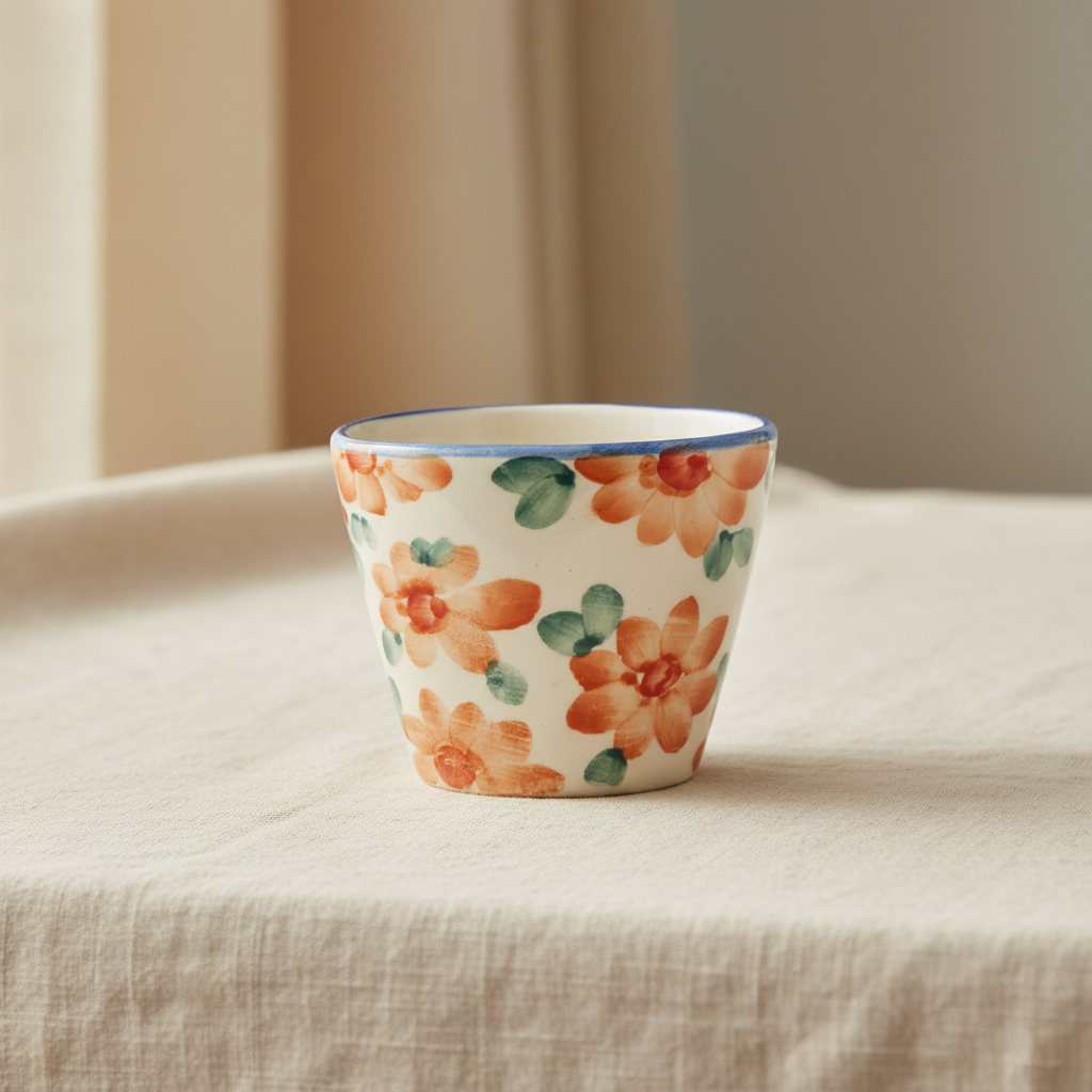 Ceramic Oval Espresso Cup with Hand Painted Orange Flowers - 2.4 oz