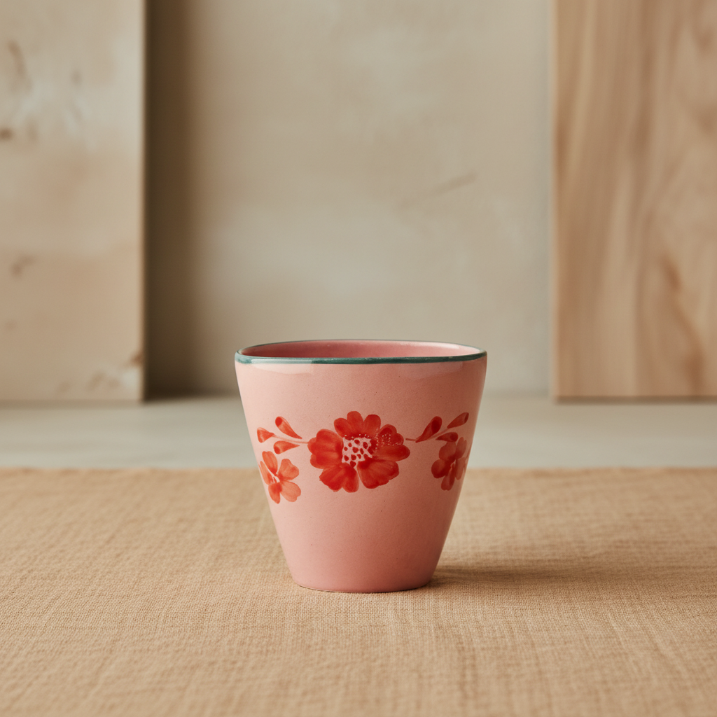 Ceramic Oval Cup with Hand Painted Orange Flower Vine - 10.1 oz