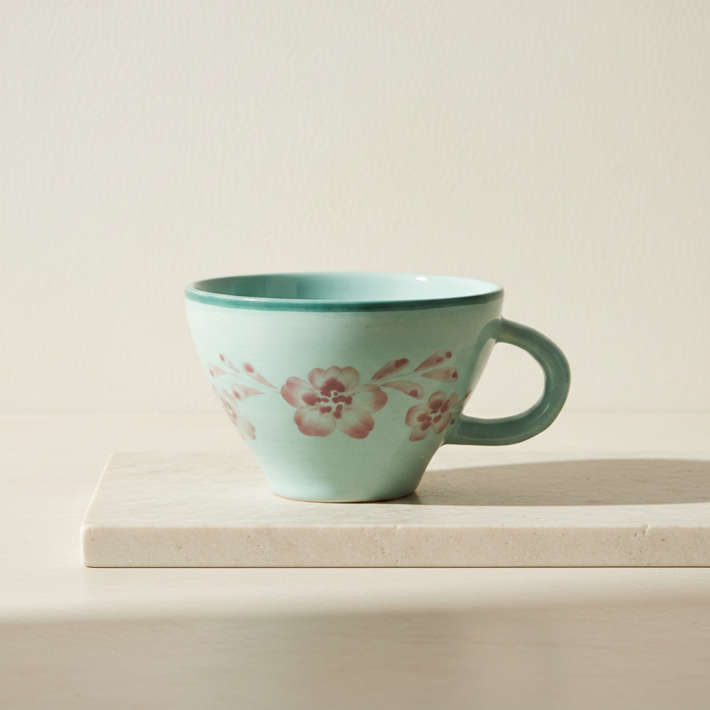 Ceramic Tea Cup with Hand Painted Soft Pink Flower Vine - 5.0 oz