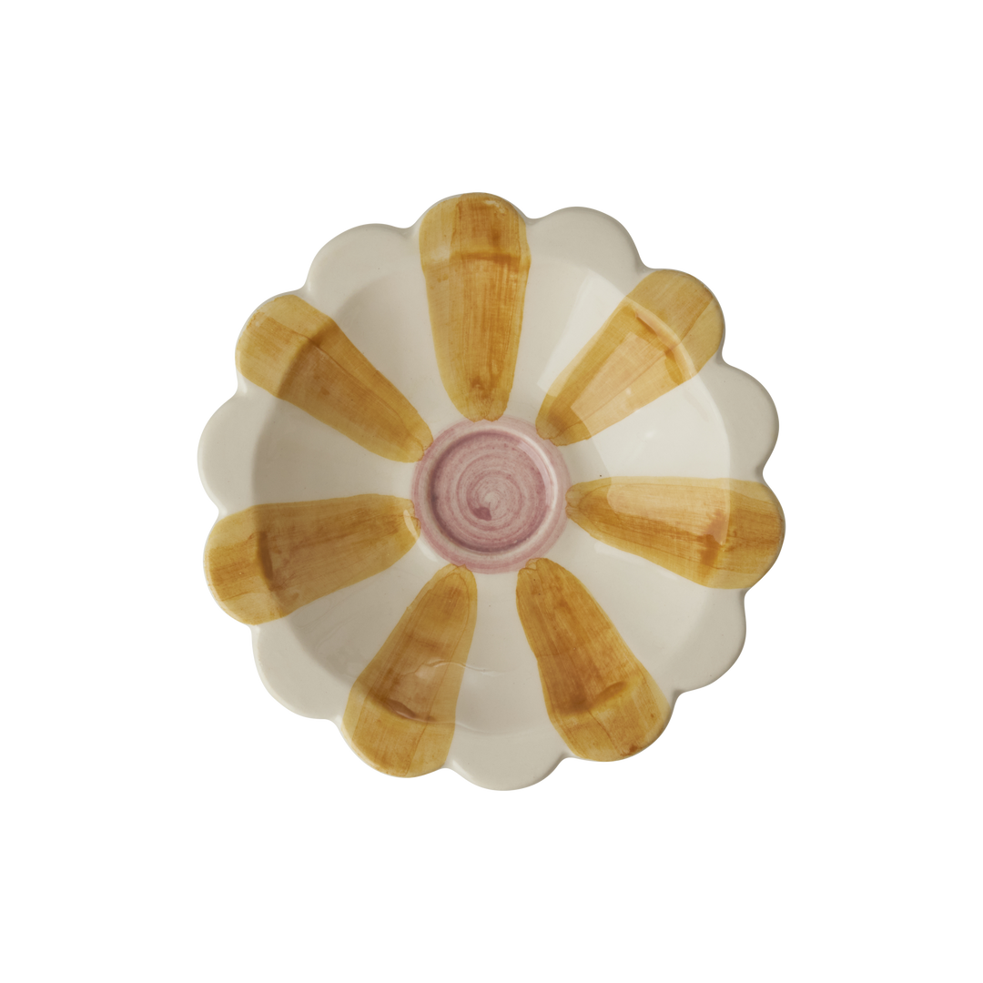 Ceramic Flower Dipping Bowl with Yellow Hand Painted Stripes