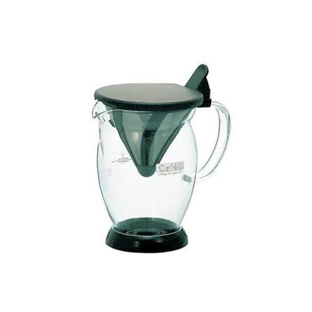 Iced coffee dripper with tinted green glass carafe, black lid, and black base