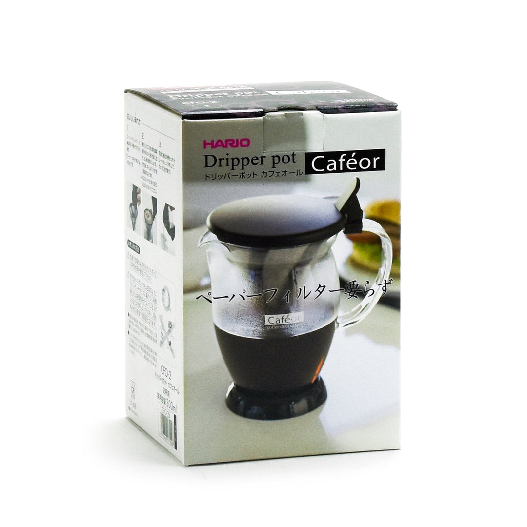 Hario Caféor 300ml glass coffee dripper with black lid and handle