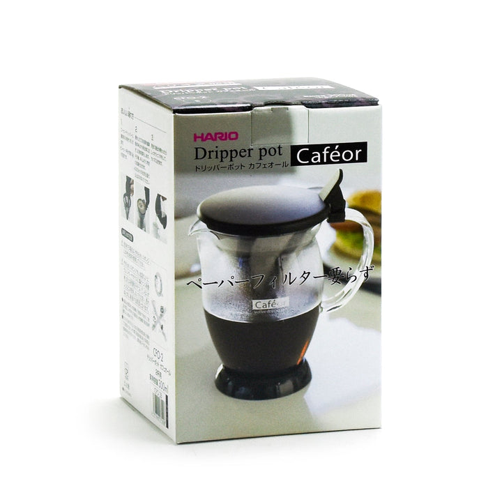 Hario Caféor 300ml glass coffee dripper with black lid and handle