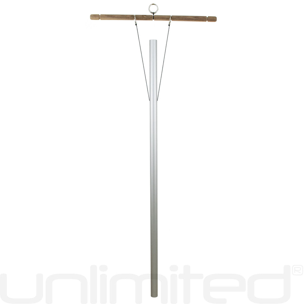 Hanging tuned chime with a long silver rod, top bar, and two hanging wires