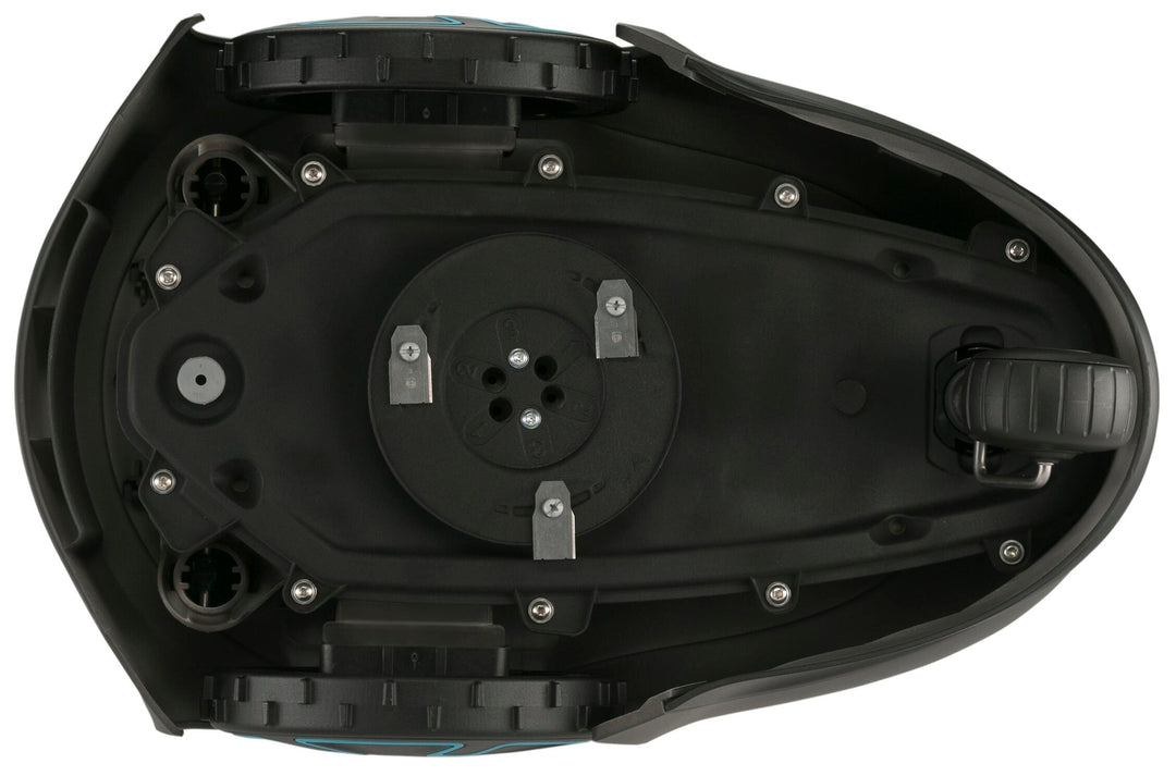 Mower blade mounting underside with visible drive components and screws