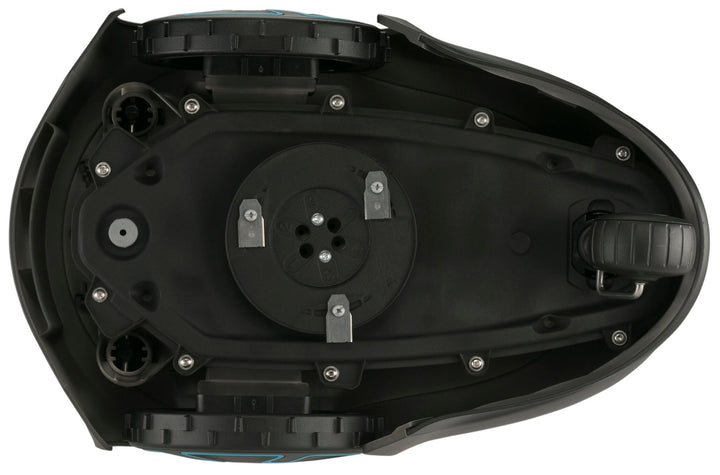 Mower blade mounting underside with visible drive components and screws