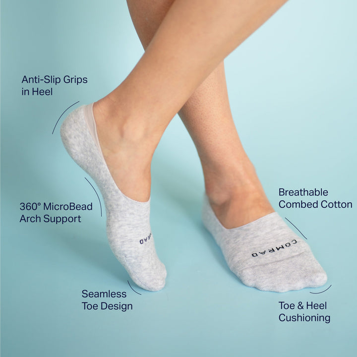 Light gray no-show socks pair, seamless toe and low-cut ankle cuff